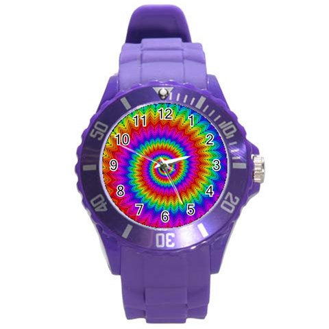 Psychedelic Rainbow Spiral Round Plastic Sport Watch (L) from ArtsNow.com Front