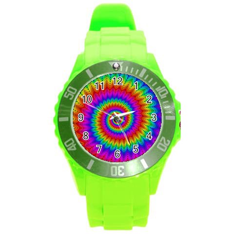 Psychedelic Rainbow Spiral Round Plastic Sport Watch (L) from ArtsNow.com Front