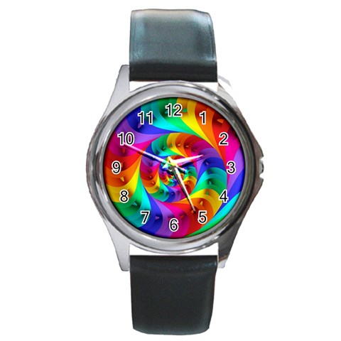 Psychedelic Rainbow Spiral Round Metal Watch from ArtsNow.com Front