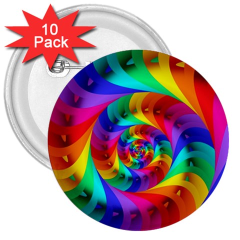 Psychedelic Rainbow Spiral 3  Button (10 pack) from ArtsNow.com Front