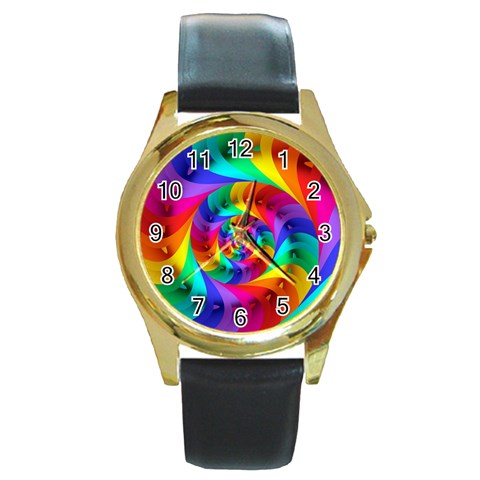 Psychedelic Rainbow Spiral Round Gold Metal Watch from ArtsNow.com Front