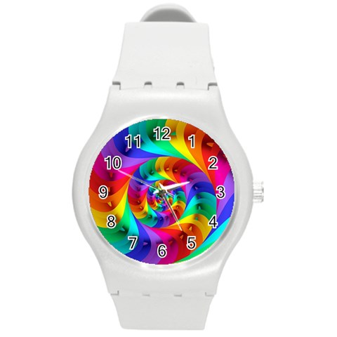 Psychedelic Rainbow Spiral Round Plastic Sport Watch (M) from ArtsNow.com Front