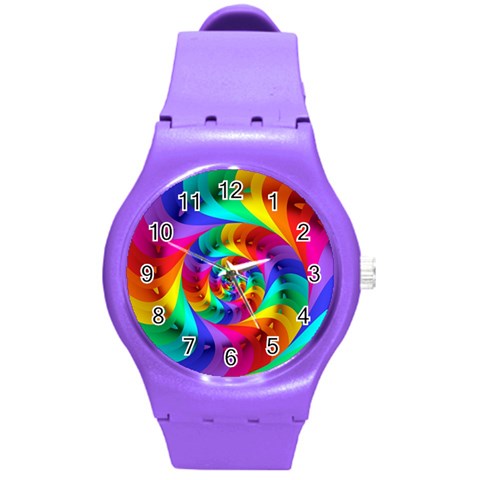 Psychedelic Rainbow Spiral Round Plastic Sport Watch (M) from ArtsNow.com Front