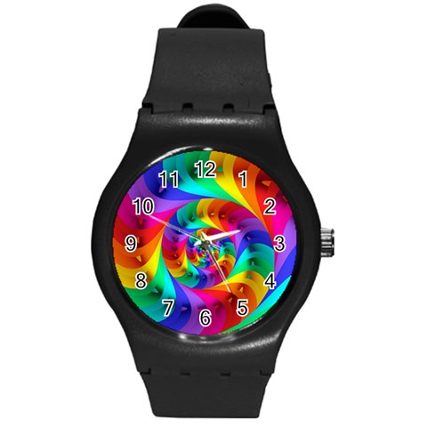 Psychedelic Rainbow Spiral Round Plastic Sport Watch (M) from ArtsNow.com Front