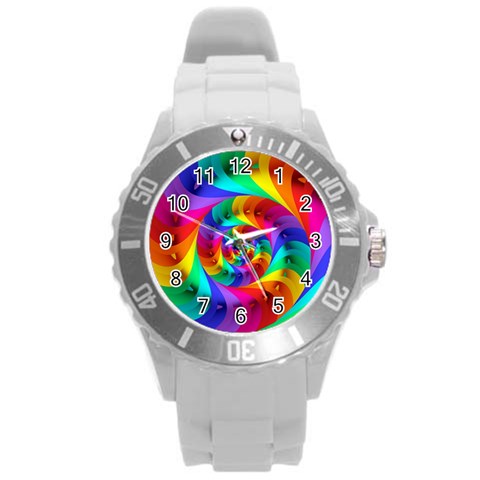 Psychedelic Rainbow Spiral Round Plastic Sport Watch (L) from ArtsNow.com Front