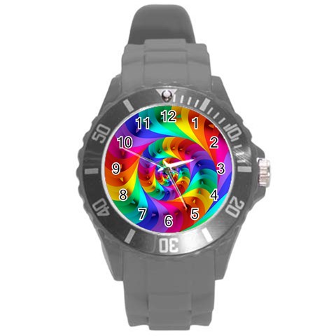 Psychedelic Rainbow Spiral Round Plastic Sport Watch (L) from ArtsNow.com Front