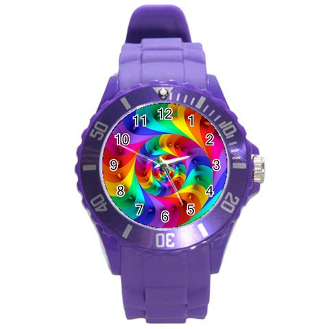 Psychedelic Rainbow Spiral Round Plastic Sport Watch (L) from ArtsNow.com Front