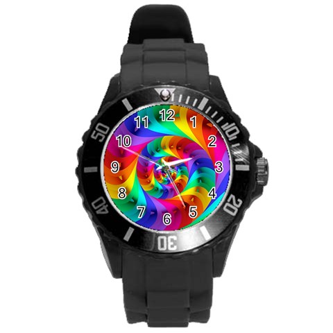 Psychedelic Rainbow Spiral Round Plastic Sport Watch (L) from ArtsNow.com Front