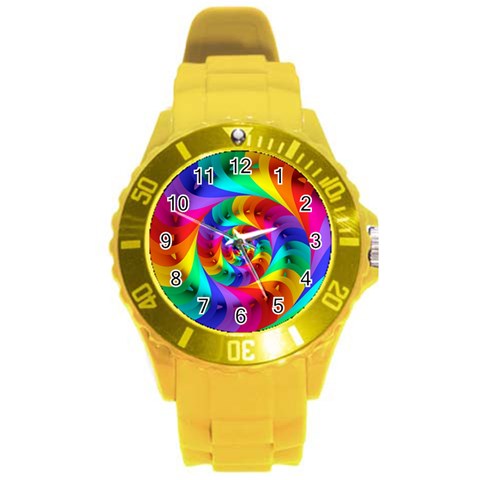 Psychedelic Rainbow Spiral Round Plastic Sport Watch (L) from ArtsNow.com Front