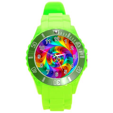 Psychedelic Rainbow Spiral Round Plastic Sport Watch (L) from ArtsNow.com Front