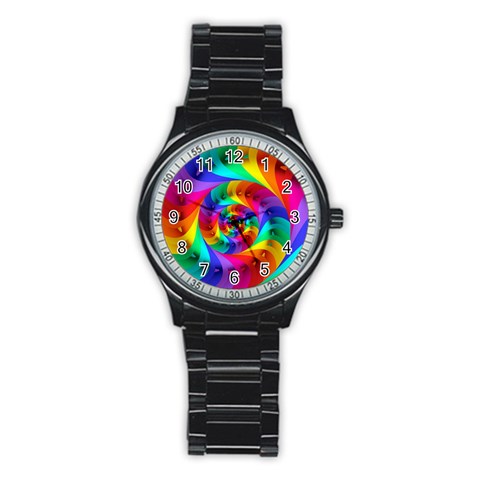 Psychedelic Rainbow Spiral Stainless Steel Round Watch from ArtsNow.com Front