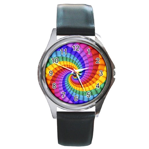 Psychedelic Rainbow Spiral Round Metal Watch from ArtsNow.com Front