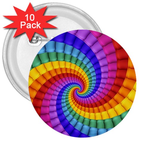 Psychedelic Rainbow Spiral 3  Button (10 pack) from ArtsNow.com Front