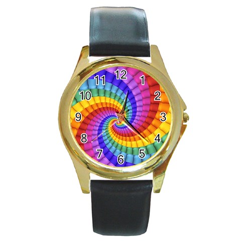 Psychedelic Rainbow Spiral Round Gold Metal Watch from ArtsNow.com Front