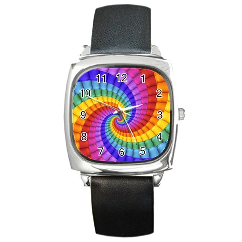 Psychedelic Rainbow Spiral Square Metal Watch from ArtsNow.com Front