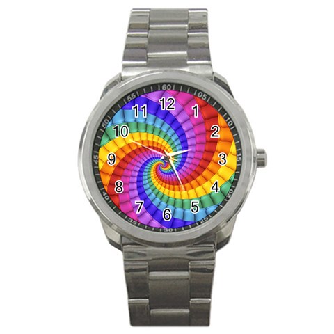 Psychedelic Rainbow Spiral Sport Metal Watch from ArtsNow.com Front