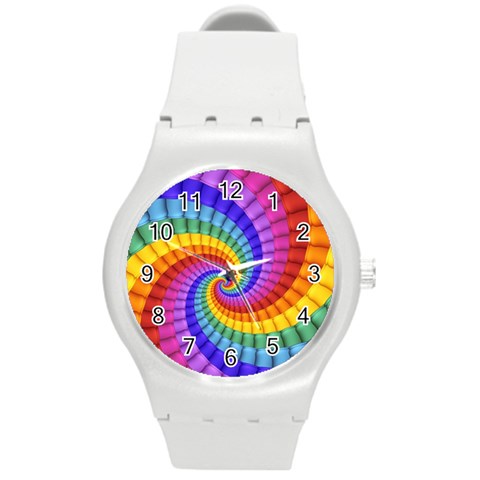 Psychedelic Rainbow Spiral Round Plastic Sport Watch (M) from ArtsNow.com Front