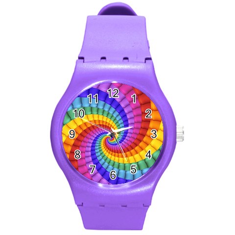 Psychedelic Rainbow Spiral Round Plastic Sport Watch (M) from ArtsNow.com Front