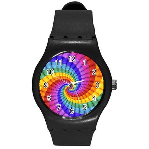 Psychedelic Rainbow Spiral Round Plastic Sport Watch (M) from ArtsNow.com Front