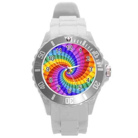 Psychedelic Rainbow Spiral Round Plastic Sport Watch (L) from ArtsNow.com Front