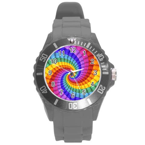 Psychedelic Rainbow Spiral Round Plastic Sport Watch (L) from ArtsNow.com Front