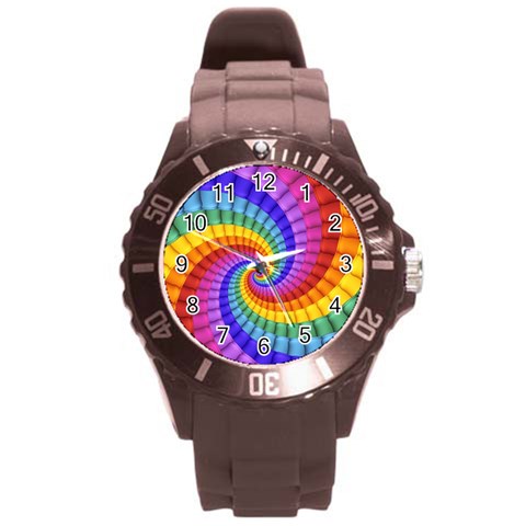 Psychedelic Rainbow Spiral Round Plastic Sport Watch (L) from ArtsNow.com Front