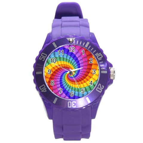 Psychedelic Rainbow Spiral Round Plastic Sport Watch (L) from ArtsNow.com Front