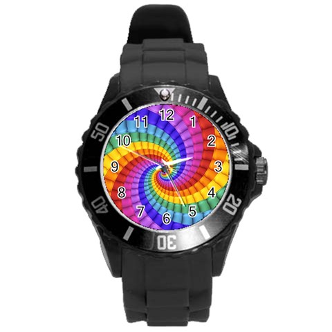 Psychedelic Rainbow Spiral Round Plastic Sport Watch (L) from ArtsNow.com Front