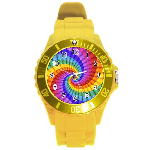 Psychedelic Rainbow Spiral Round Plastic Sport Watch (L) from ArtsNow.com Front