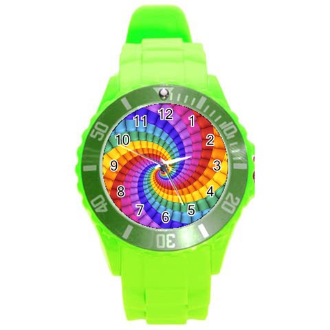 Psychedelic Rainbow Spiral Round Plastic Sport Watch (L) from ArtsNow.com Front