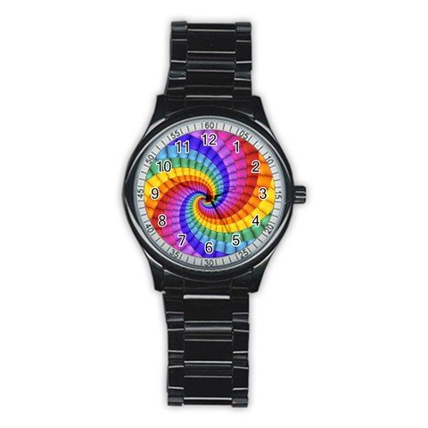 Psychedelic Rainbow Spiral Stainless Steel Round Watch from ArtsNow.com Front