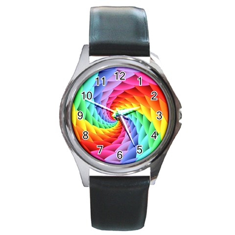 Psychedelic Rainbow Spiral Round Metal Watch from ArtsNow.com Front