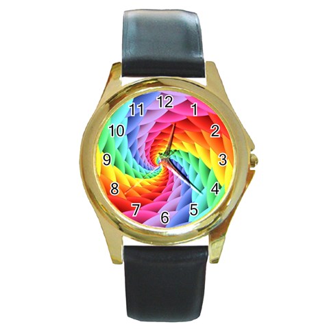 Psychedelic Rainbow Spiral Round Gold Metal Watch from ArtsNow.com Front