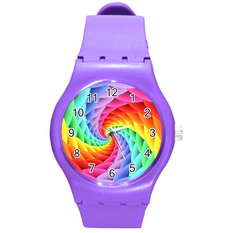 Psychedelic Rainbow Spiral Round Plastic Sport Watch (M) from ArtsNow.com Front