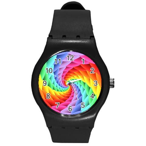 Psychedelic Rainbow Spiral Round Plastic Sport Watch (M) from ArtsNow.com Front