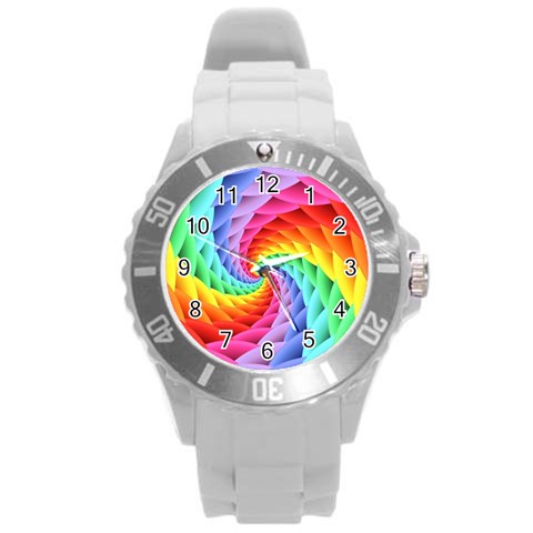 Psychedelic Rainbow Spiral Round Plastic Sport Watch (L) from ArtsNow.com Front