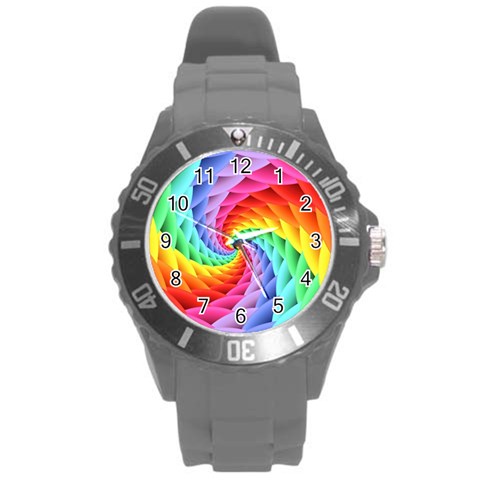 Psychedelic Rainbow Spiral Round Plastic Sport Watch (L) from ArtsNow.com Front