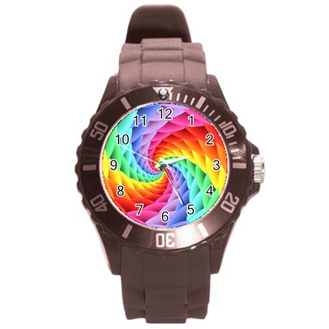 Psychedelic Rainbow Spiral Round Plastic Sport Watch (L) from ArtsNow.com Front