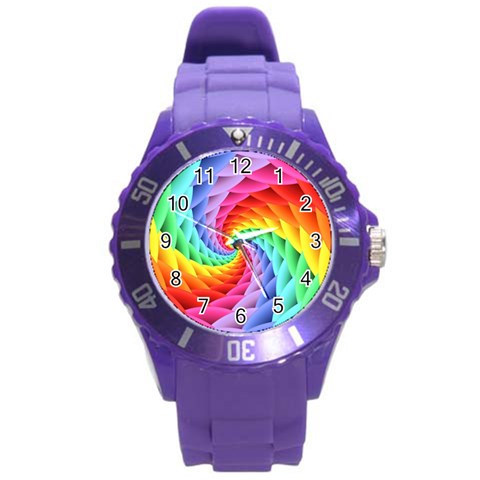 Psychedelic Rainbow Spiral Round Plastic Sport Watch (L) from ArtsNow.com Front