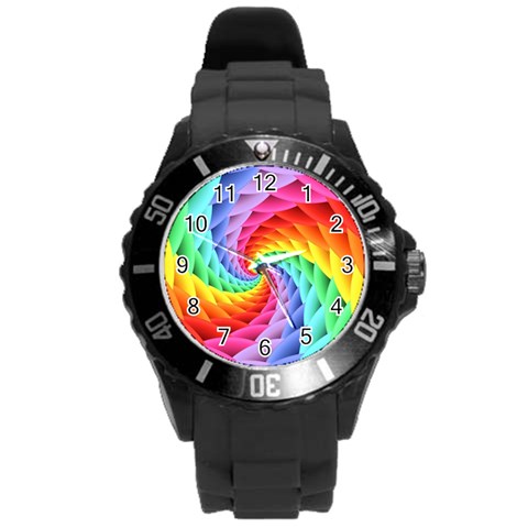 Psychedelic Rainbow Spiral Round Plastic Sport Watch (L) from ArtsNow.com Front