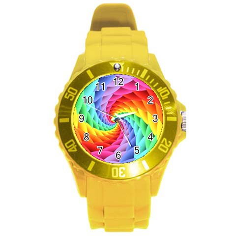 Psychedelic Rainbow Spiral Round Plastic Sport Watch (L) from ArtsNow.com Front