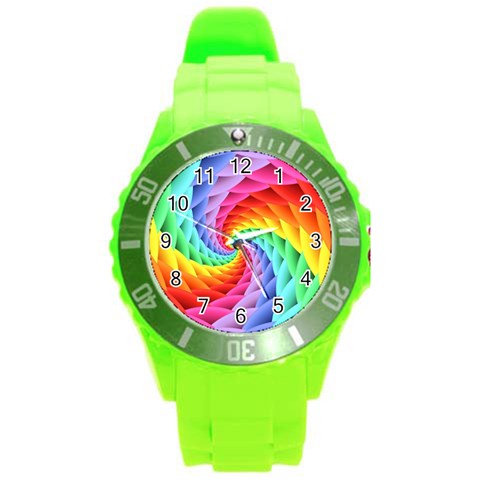 Psychedelic Rainbow Spiral Round Plastic Sport Watch (L) from ArtsNow.com Front