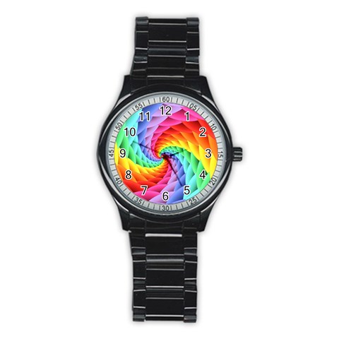 Psychedelic Rainbow Spiral Stainless Steel Round Watch from ArtsNow.com Front