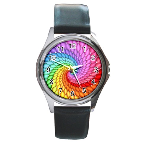 Psychedelic Rainbow Spiral Round Metal Watch from ArtsNow.com Front