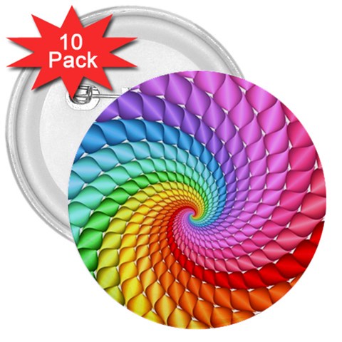 Psychedelic Rainbow Spiral 3  Button (10 pack) from ArtsNow.com Front