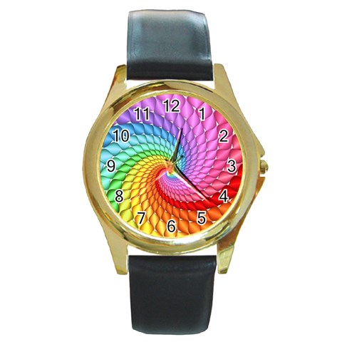 Psychedelic Rainbow Spiral Round Gold Metal Watch from ArtsNow.com Front