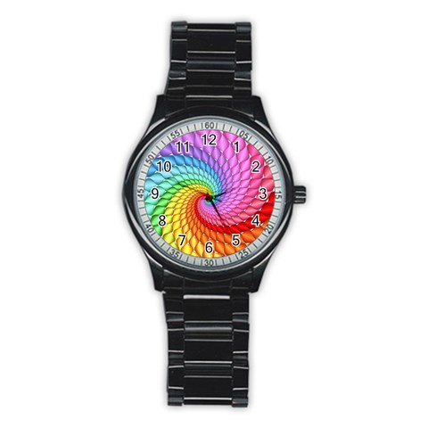 Psychedelic Rainbow Spiral Stainless Steel Round Watch from ArtsNow.com Front