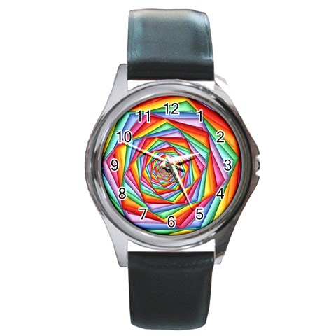 Psychedelic Rainbow Spiral Round Metal Watch from ArtsNow.com Front