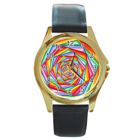 Psychedelic Rainbow Spiral Round Gold Metal Watch from ArtsNow.com Front