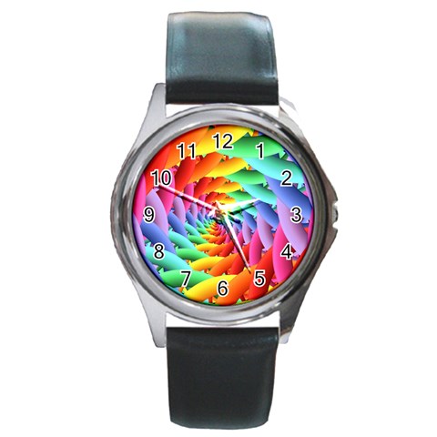 Psychedelic Rainbow Spiral Round Metal Watch from ArtsNow.com Front